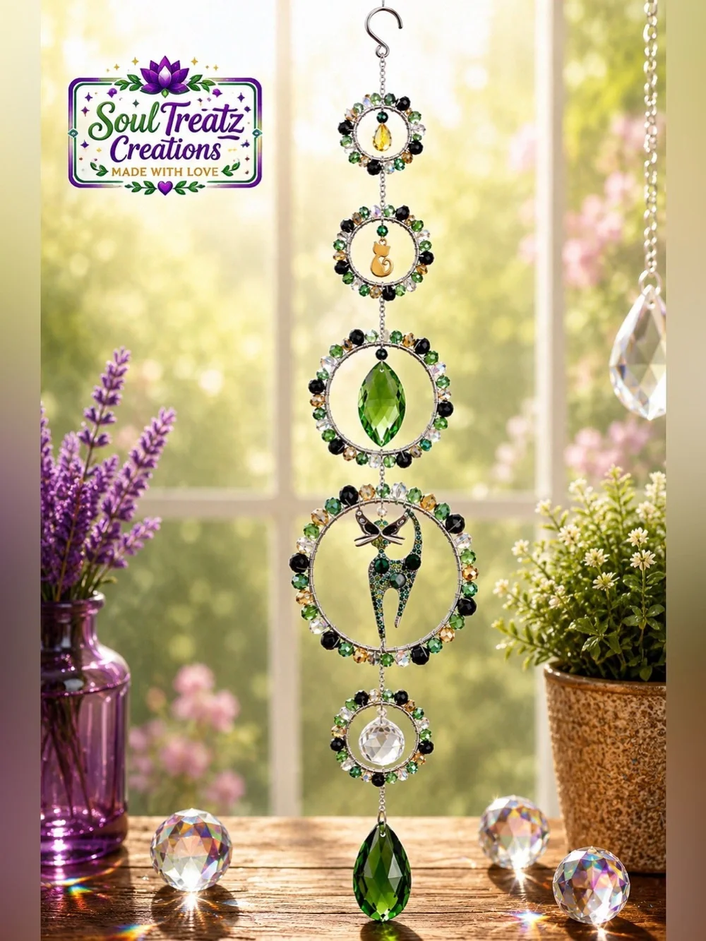 Green, Gold, Black Crystal Beaded Cat Sun Catcher